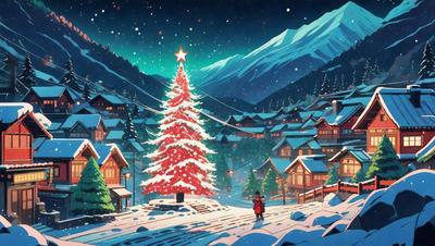Primary subject: A large, snow-covered Christmas tree.

Setting/background: A snowy mountain town with houses and a ski slope.

Visual style: Digital art.

Colors and mood: The image is in black and white, giving it a classic and nostalgic feel.